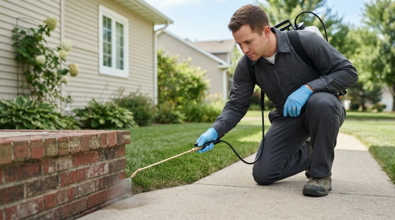 Pest control technician treating a home near Pungoteague, VA